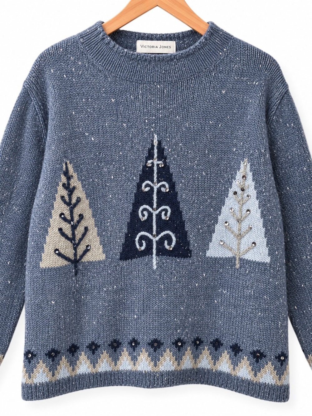 Victoria Jones Blue Wool Blend Embellished Winter Tree Sweater Large